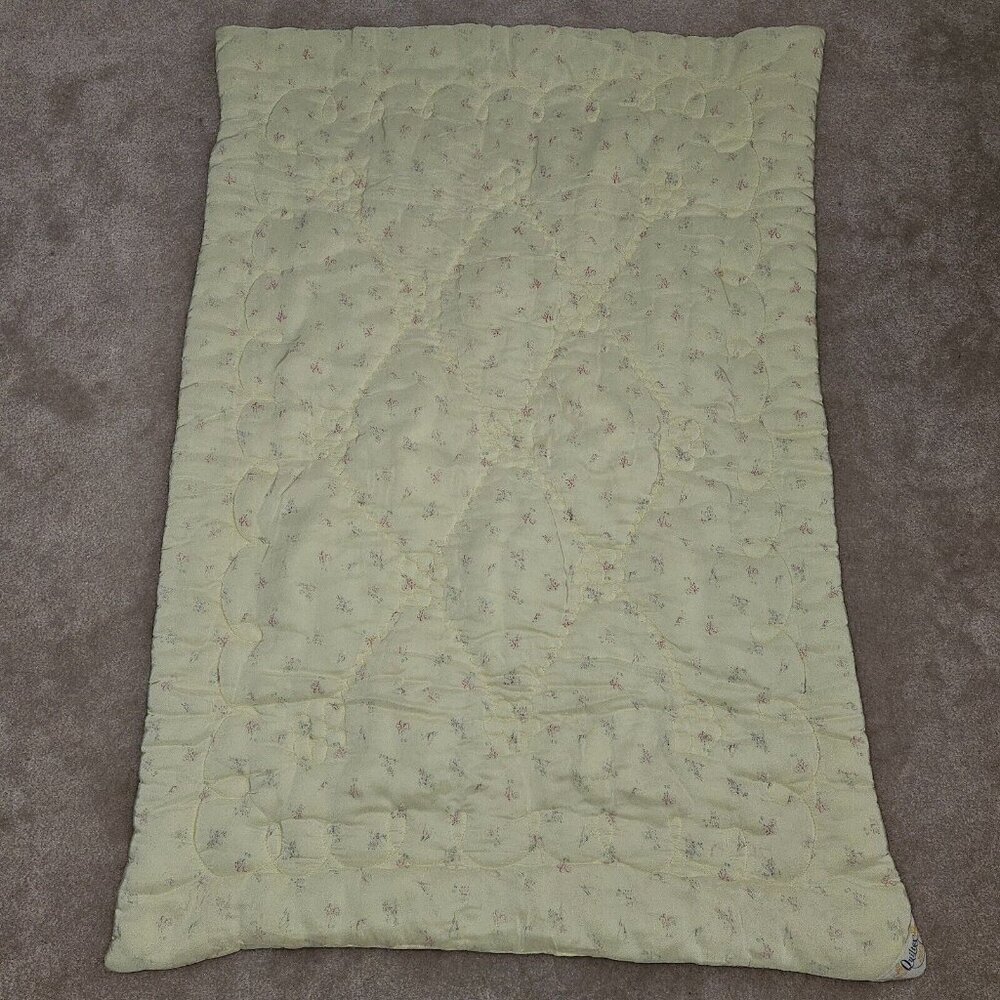 VTG Quiltex Yellow Baby Blanket Comforter Sheep Flowers Pink Green 28x40